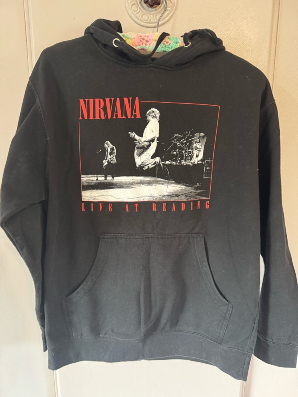 NIRVANA Black Crewneck Hoodie with Red & White Stage Graphic
